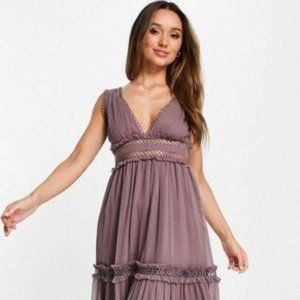 ASOS DESIGN lace insert midi dress with ruffle detail in mauve